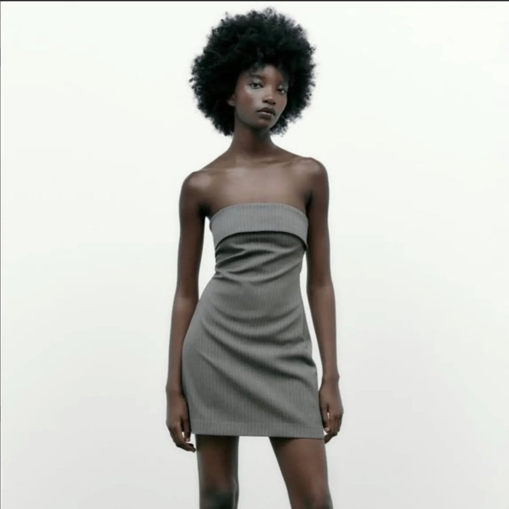Pinstripe Strapless Gray Mini Dress